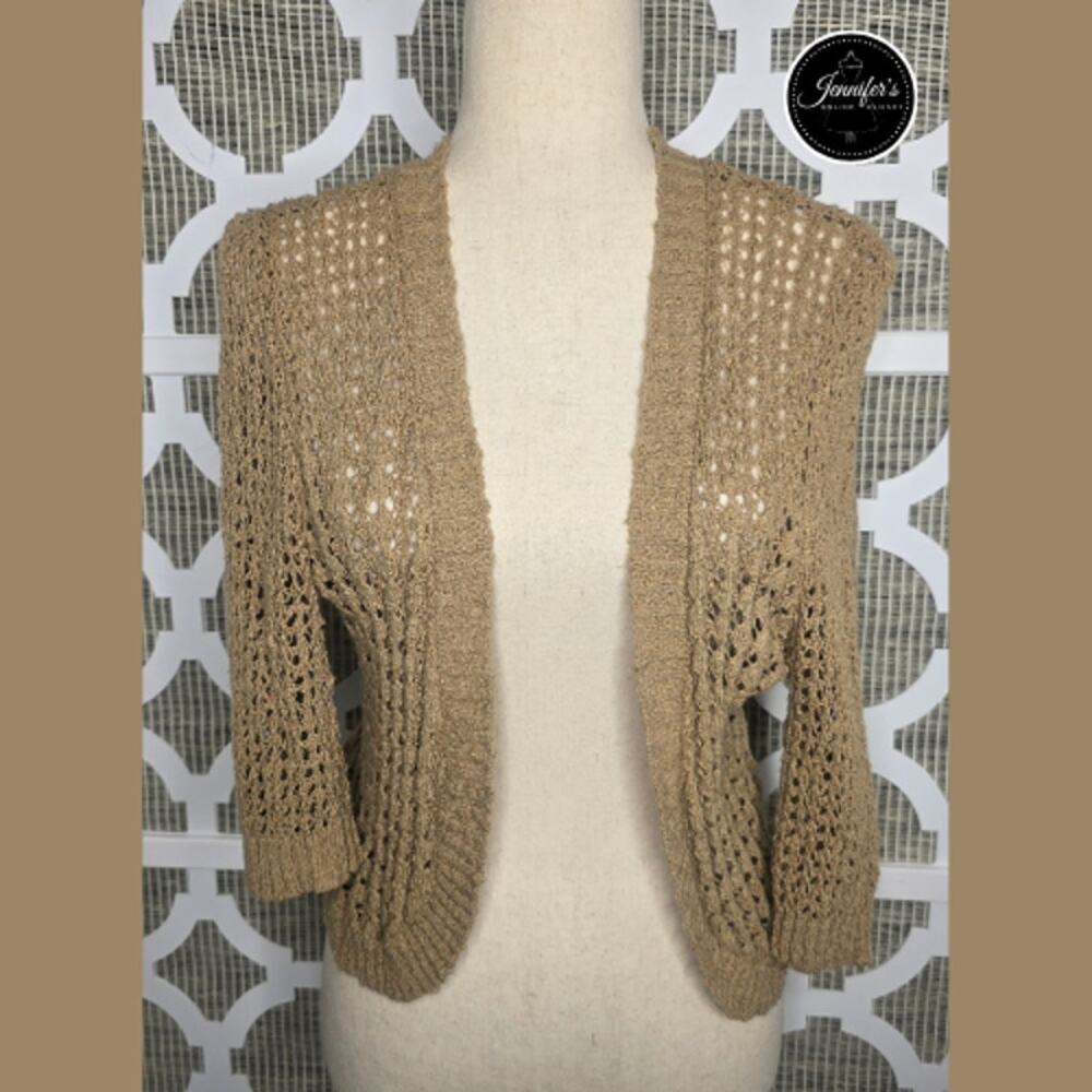 Cable & Gauge Tan Open Crochet Weave 3/4 Sleeve Open Front Cardigan Size L